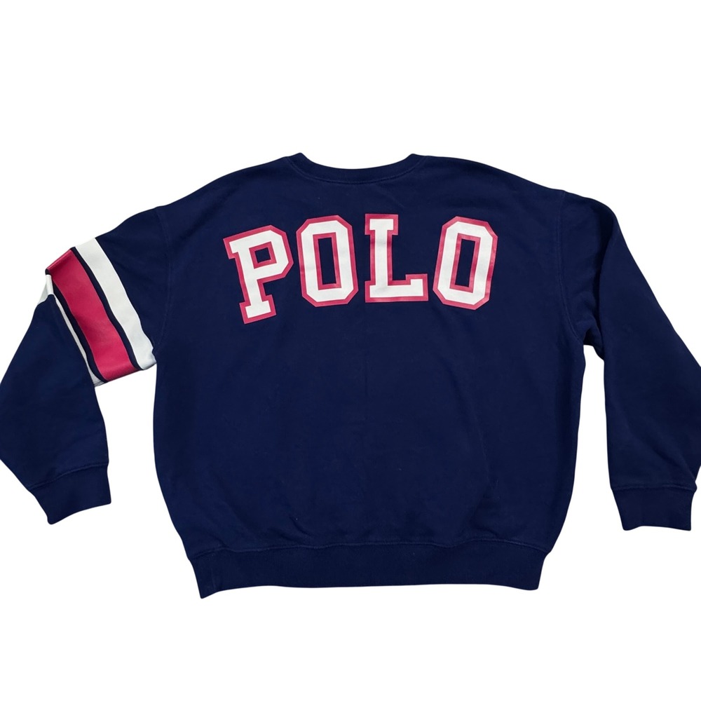 Youth Polo Ralph Lauren Navy Blue Sweatshirt Crew‎ Neck Sleeve Stripes Size L